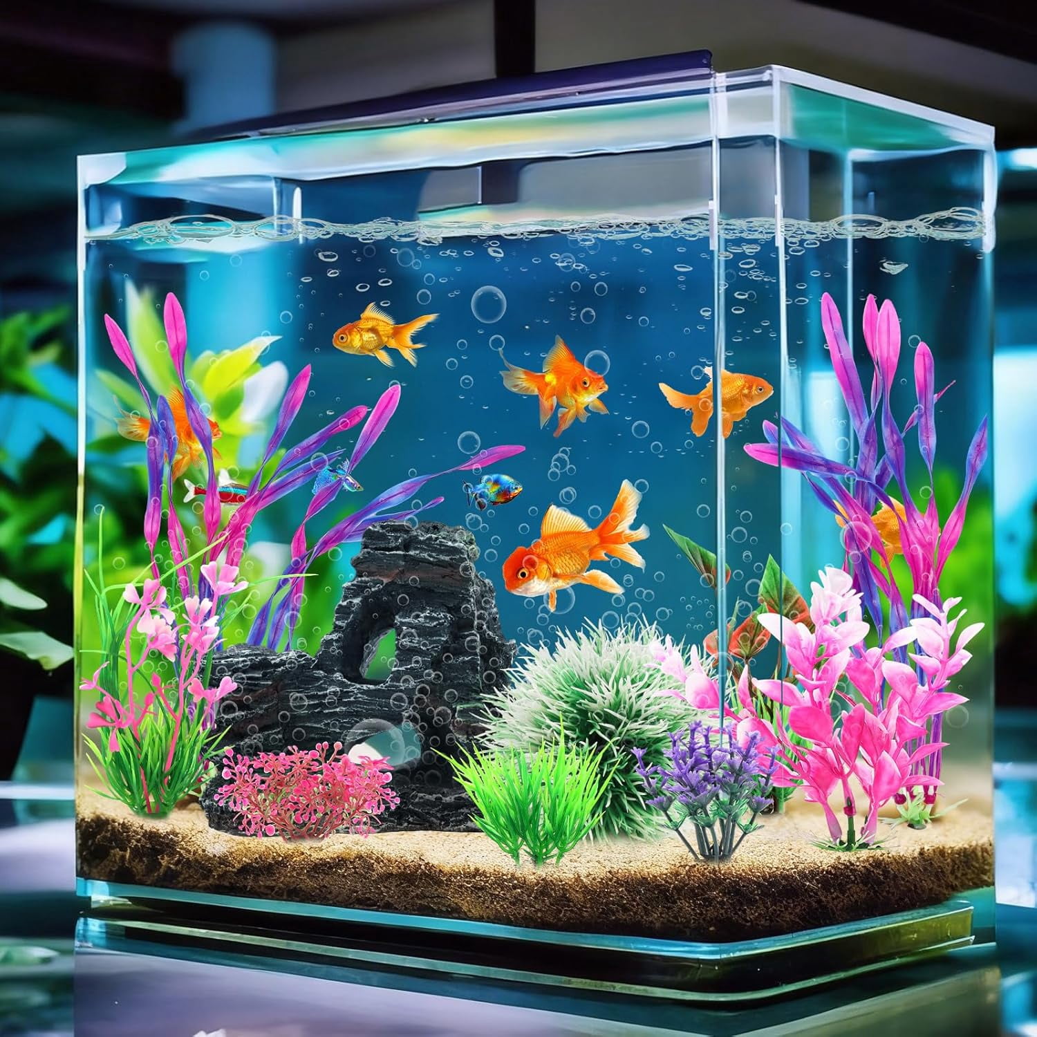 Fish Tank Accessories, Aquarium Plastic Plants and Cave Rock Decorations Set