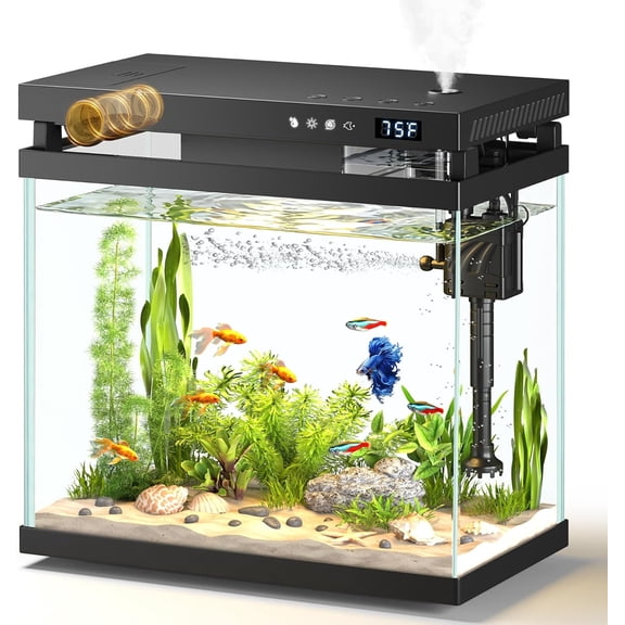 Fish Tank Aquarium, 2.2 Gallon Smart Fish Aquarium Kits with Auto Feeder, Silent Water Pump, Temperature Display, Smart Humidifier & 7-Color Lighting, for Office & Home