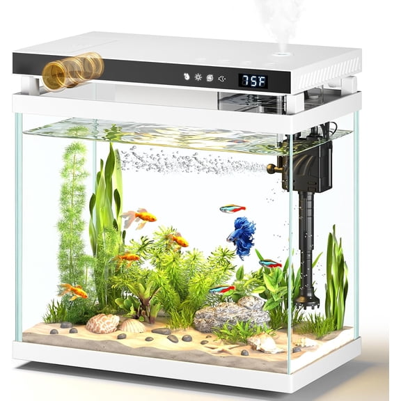 Fish Tank Aquarium, 2.2 Gallon Smart Fish Aquarium Kits with Auto Feeder, Silent Water Pump, Temperature Display, Smart Humidifier & 7-Color Lighting, for Office & Home