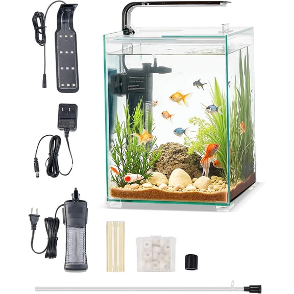 Fish Tank Aquarium, Square Ultra-Clear Glass Starter Smart Tank Adjustable Color Lighting, Self Cleaning System Fishbowl for Freshwater & Saltwater Fish Home, Office, or Pet Use