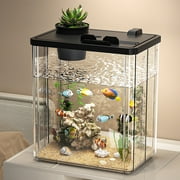 Fish Tank Aquarium Starter Kit, Desktop Small Fish Tank, Mini Desktop Rectangular Fish Tank with Pump, LED Light, Simulated Water Plants, Fish Starter Kit, for Shrimp Small Fish Black Small