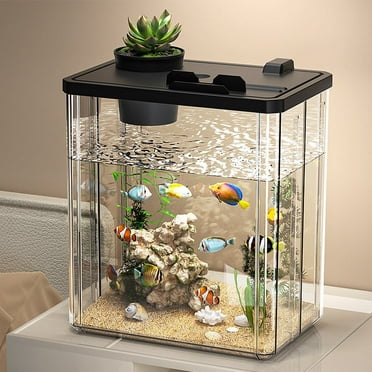 Fish Tank Aquarium Starter Kit, Mini Desktop Rectangular Fish Tank With Pump, LED Light, Simulated Water Plants, Fish Bowl Tabletop Decoration For Shrimp Small Fish