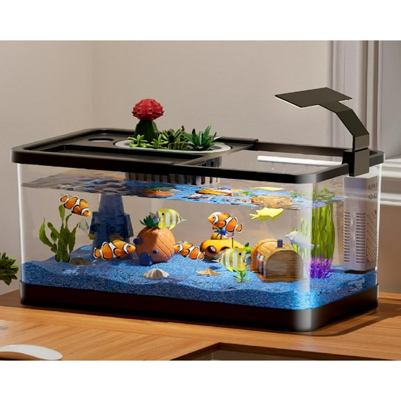 Fish Tank, Betta Fish Tank, Aquarium with LED Full Spectrum Color Light,  Modes Filter, Hydroponic Basket, Fishing Net, Shells, Aquatic Plant, Coral, Pebbles, Starter Kit