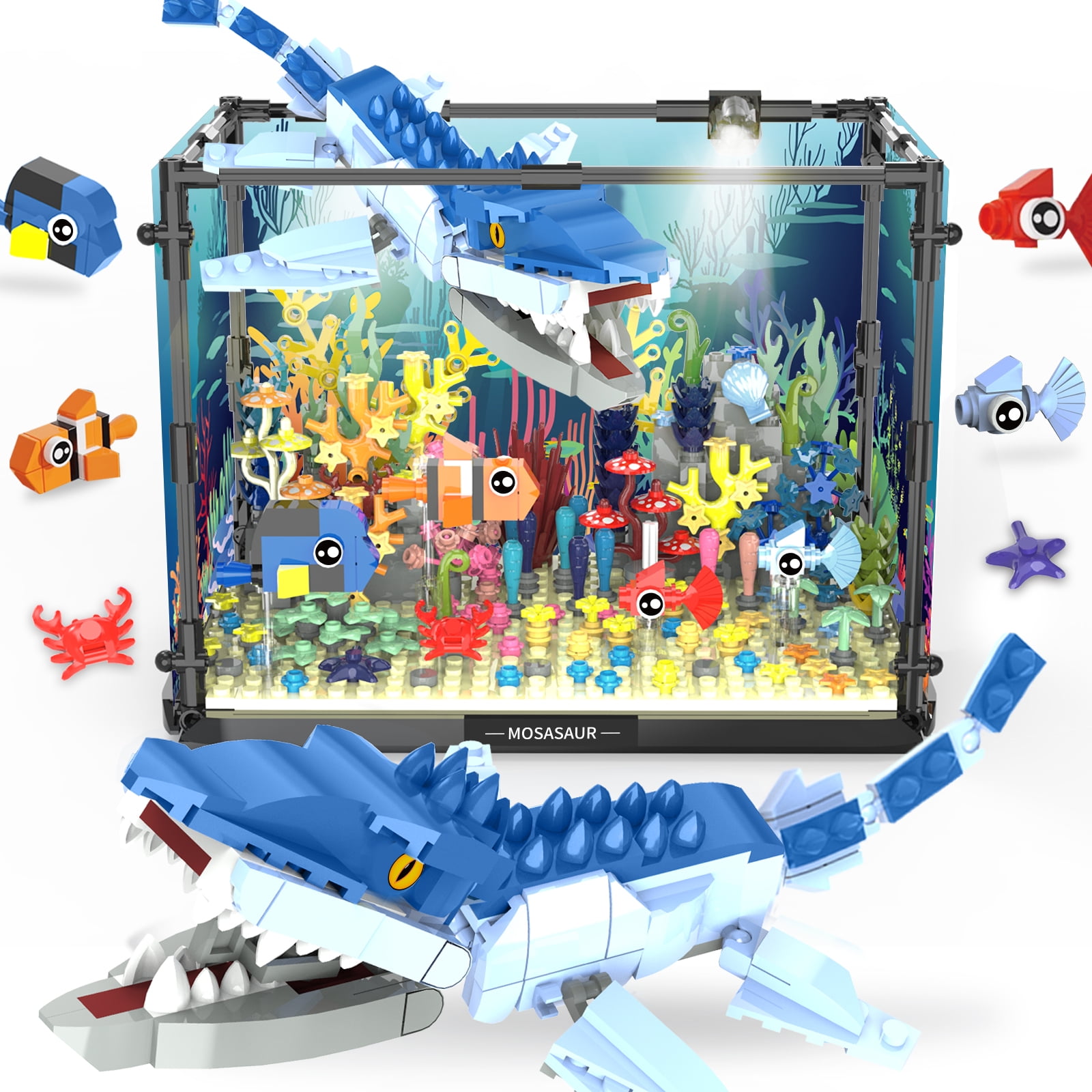 LEAPRCSTORE Fish Tank Building Block Set,Including Coral,Crab,Sea Animal,Mosasaurus Building Toys Kit