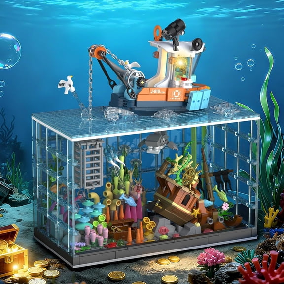 Fish Tank Building Sets with LED Lights - Aquarium Decor for Kids Teen | Underwater Adventure Kits, Mobile Aquarium Building Toy with Floating Boat, Ocean Theme Creative Gift for Boys Girl Aged 8+