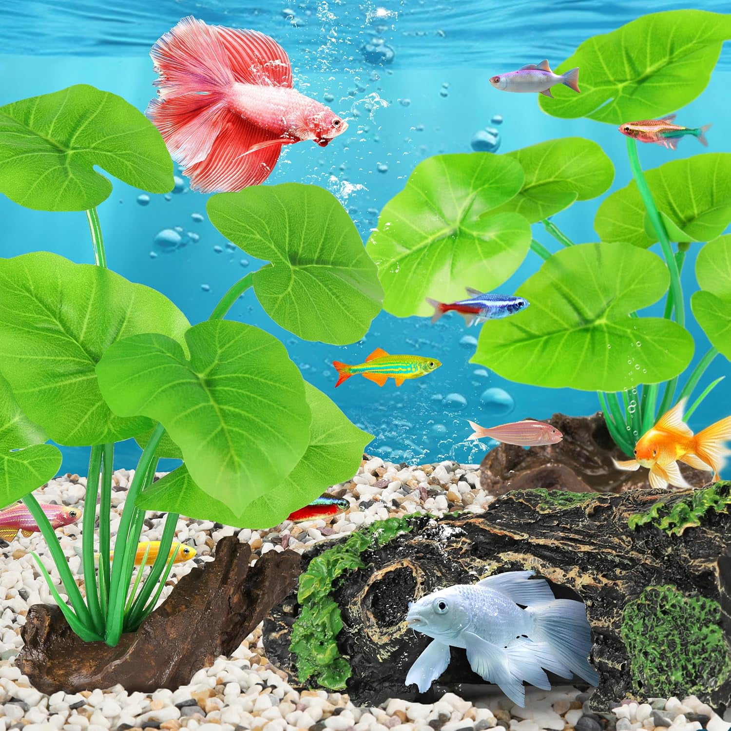 Fish Tank Decor, Silk Aquarium Plants and Hollow Tree Trunk Decor for Betta, Goldfish, Turtle, Reptile