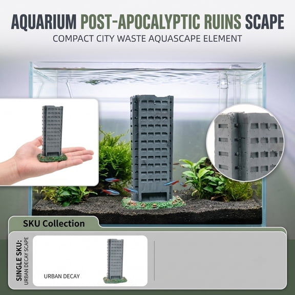 Fish Tank Decor, Underwater Ruined Skyscraper Aquarium Structure, Urban Themed Fish Tank Ornaments Hideaway, Miniature Building Decor for Fish Shelter, 3X2.5X6 Inch Durable