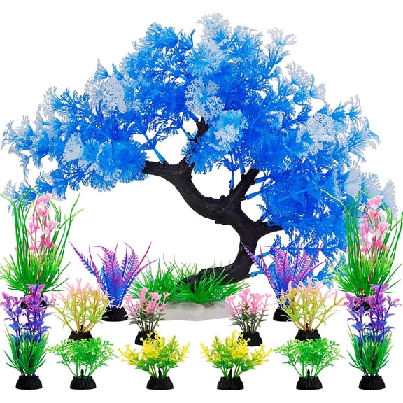 Fish Tank Decorations, 15 Pack Artificial Aquarium Plants Tree Set for Fish Tank Decor (Bule Set)