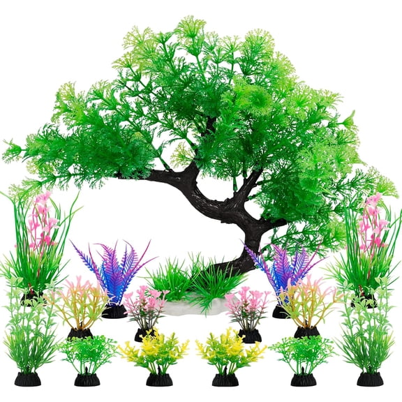 Fish Tank Decorations, 15 Pack Artificial Aquarium Plants Tree Set for Fish Tank Decor (Green Set)