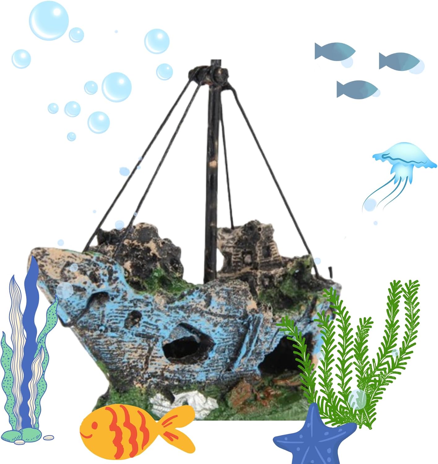 Picture of Fish Tank Decorations, Resin Shipwreck Aquarium Decor, Sunken Ship ...