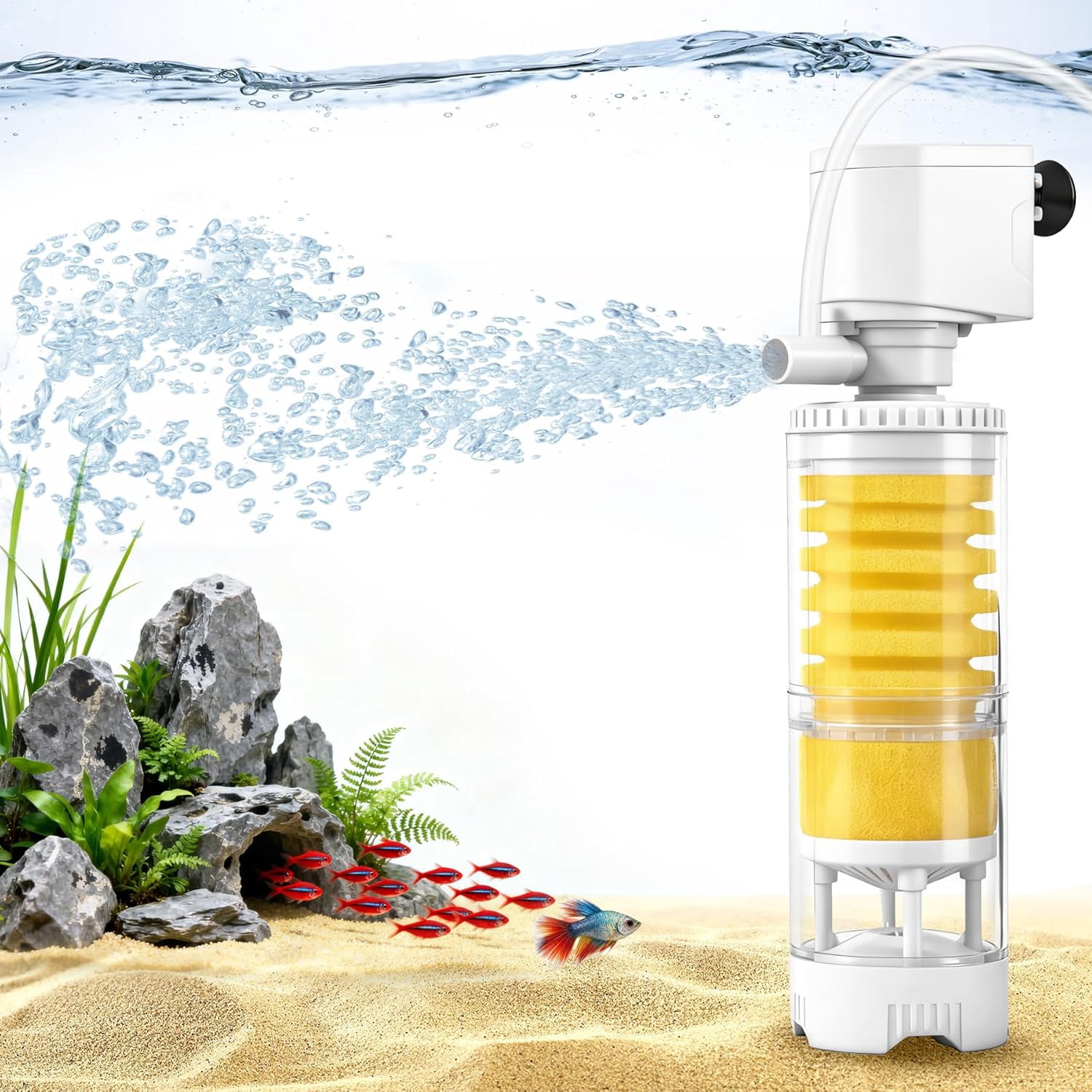 Fish Tank Filters for 10-20 Gallon Tank, 4-in-1 Aquarium Filter with Multi-Layer Filtration, Adjustable Oxygenation & Wavemaker, Impurity Separation