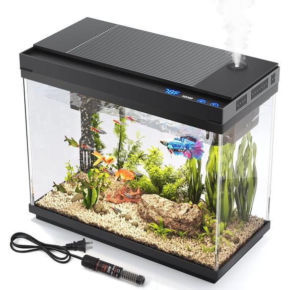 Fish Tank  Gallon Aquarium Kit with Humidifier 7-Color Auto-Looping 3 in 1 Quiet Pump with Filteration & Oxygenation & Circulation, Temperature Display, HD Glass