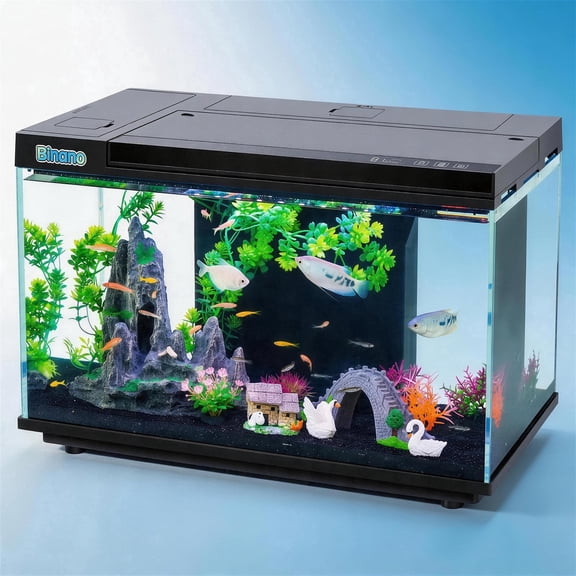 17.6×9.7×11.3 In Fish Tank Kit with Digital Temp Monitor, 3-Level Adjustable Flow, Hidden Base Storage, Multi-Side Filter Placement & 6-Color LED  fish tank with filter and light for Bettas Goldfish