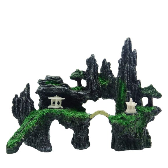 Fish Tank Mountain View Decoration Aquarium Stone Ornament Bridge with Moss Tree House Cave for Small Betta Shrimp Hide