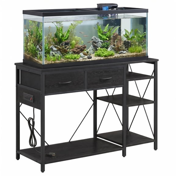 Fish Tank Stand for 55-75 Gallon Aquariums with Power Outlet - 3-Tier Storage Shelf for Aquarium/Turtle/Reptile Terrarium - 49.2 x 17.7 in Top - Black