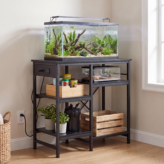 Fish Tank Stand with Power Outlet, 20-37 Gallon Aquarium Stand with 2-Tier Storage Shelves, Heavy Duty Breeder Turtle Terrarium Stand Rack for Home Office, 30" L x 13.4" W x 29" H