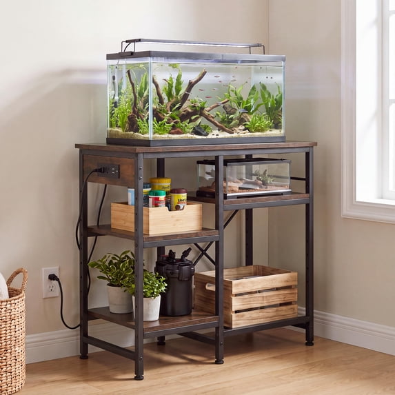 Fish Tank Stand with Power Outlet, 20-37 Gallon Aquarium Stand with 2-Tier Storage Shelves, Heavy Duty Breeder Turtle Terrarium Stand Rack for Home Office, 30" L x 13.4" W x 29" H