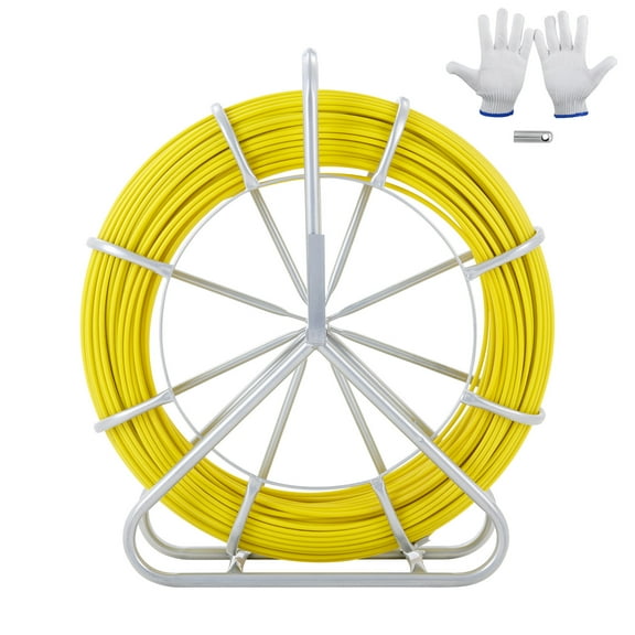 Fish Tape Fiberglass, 600 ft, 5/16 in, Duct Rodder Fishtape Wire Puller, Cable Running Rod with Steel Reel Stand, 3 Pulling Heads, Fishing Tools for Walls and Electrical Conduit, Non-Condu