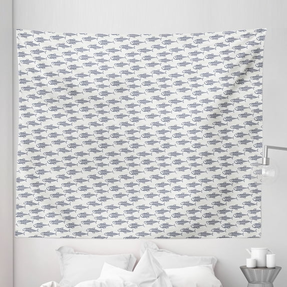 Fish Tapestry, Aquarium Inspired Doodle Style Swimming with Scales Underwater Life, Fabric Wall Hanging Decor for Bedroom Living Room Dorm, 5 Sizes, Dark Blue White, by Ambesonne