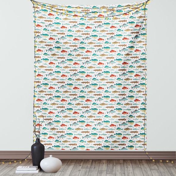 Fish Tapestry, Colorful Ocean Fish Cartoon Pufferfish Blowfish Figures Exotic Japanese Cuisine Theme, Wall Hanging for Bedroom Living Room Dorm Decor, 60W X 80L Inches, Multicolor, by Ambesonne