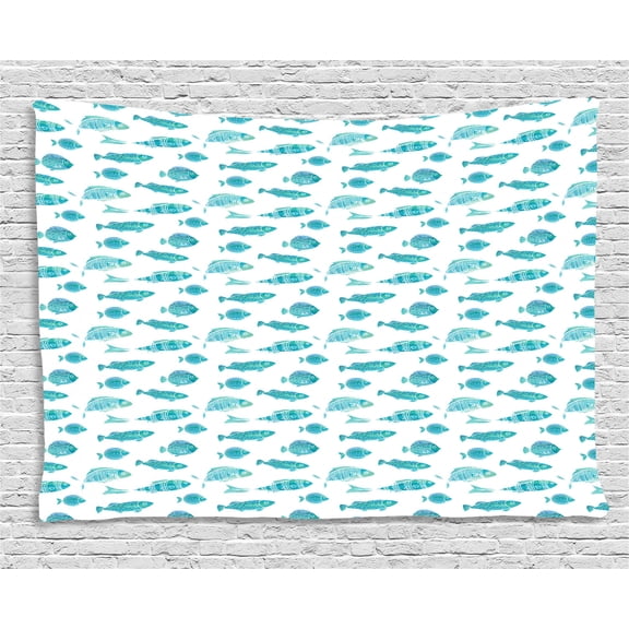 Fish Tapestry, Doodle Artwork of Ocean Animal Silhouettes Aquatic Underwater Life, Wall Hanging for Bedroom Living Room Dorm Decor, 80W X 60L Inches, Blue Mint Green and White, by Ambesonne