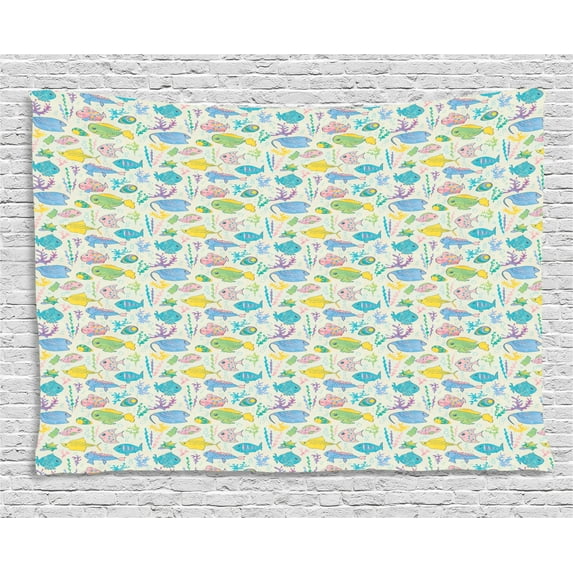 Fish Tapestry, Nursery Style Cartoon Underwater Animals with Simplistic Colorful Corals Ocean Pattern, Wall Hanging for Bedroom Living Room Dorm Decor, 80W X 60L Inches, Multicolor, by Ambesonne