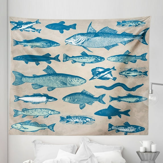 Fish Tapestry, Vintage Style Group of Various Different Fish Animals Seafood Theme Grunge Effect, Fabric Wall Hanging Decor for Bedroom Living Room Dorm, 5 Sizes, Multicolor, by Ambesonne