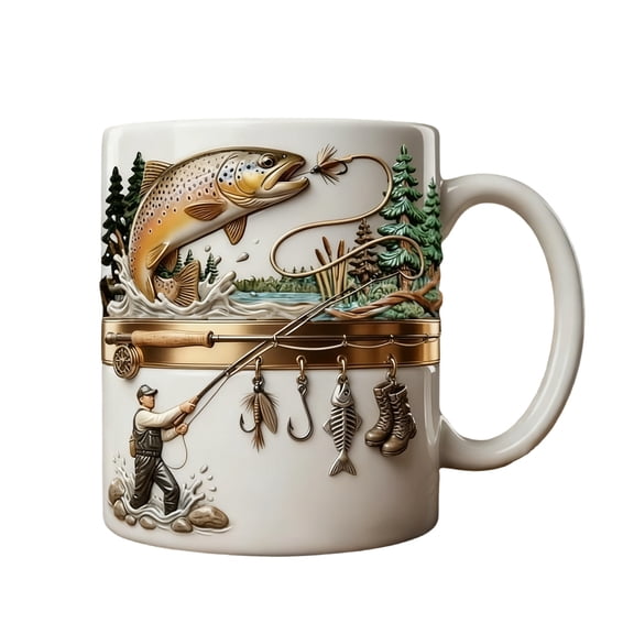 Fish Themed 11oz Coffee Mug Ceramic Cup - 2D Printed Fishing Graphics (Angler, Fish, Lures, Lake Scenes), Suitable for Coffee/Tea, Sturdy Ceramic Build - For Fishing Enthusiasts, Daily Home Use, Offi