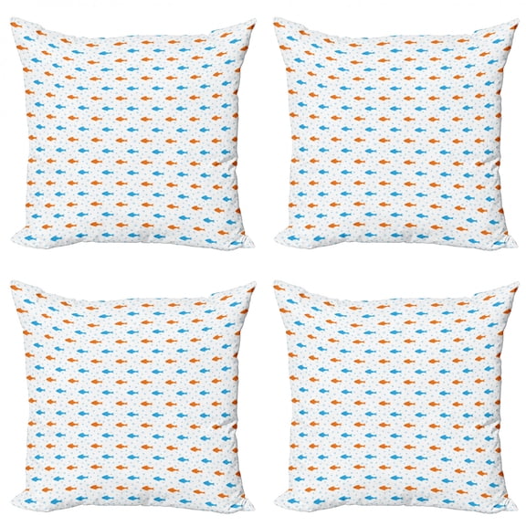 Fish Throw Pillow Cushion Case Pack of 4, Bicolored Flock of Fish Bubbles Motif on Plain Background Illustration, Modern Accent Double-Sided Print, 4 Sizes, White Sky Blue, by Ambesonne
