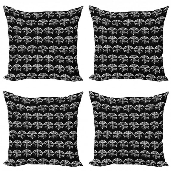 Fish Throw Pillow Cushion Case Pack of 4, Sea Animals Under Ornamental Umbrellas Scales Ocean Creatures Ethnic Nautical, Modern Accent Double-Sided Print, 4 Sizes, Charcoal Grey White, by Ambesonne