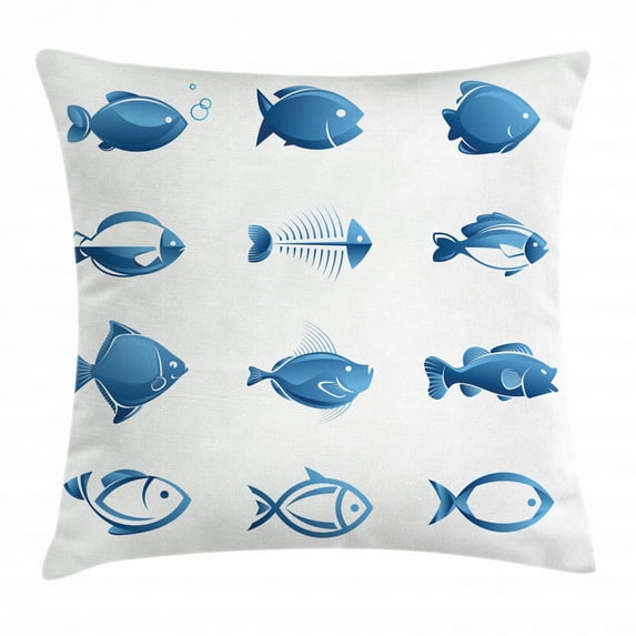 Fish Throw Pillow Cushion Cover, Array of Fish Silhouettes Marine Life Sea Ocean Related Images Pattern Fish Bones, Decorative Square Accent Pillow Case