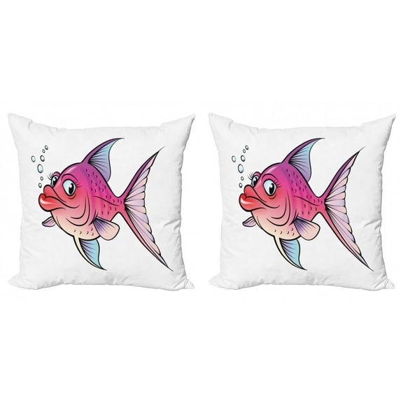 Ambesonne Fish Throw Pillow Cover 2 Pack, Cartoon Female Goldfish, 18", Hot Pink Fuchsia Purple