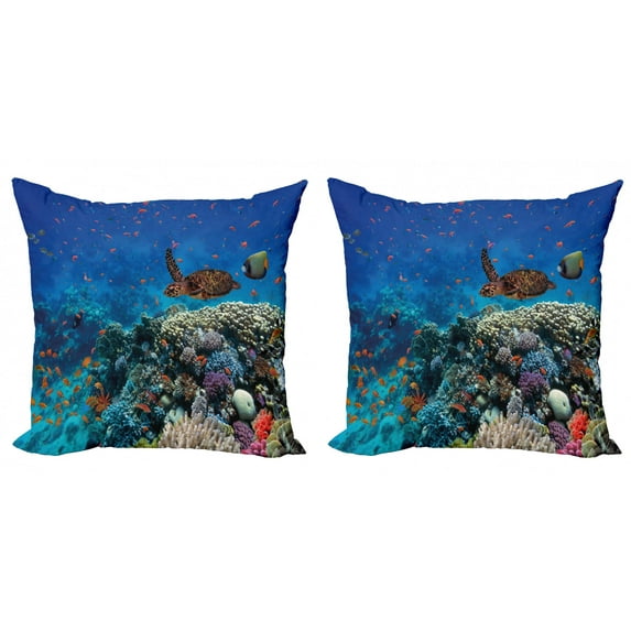 Ambesonne Fish Throw Pillow Cover 2 Pack, Tropical Turtle Water, 24", Multicolor