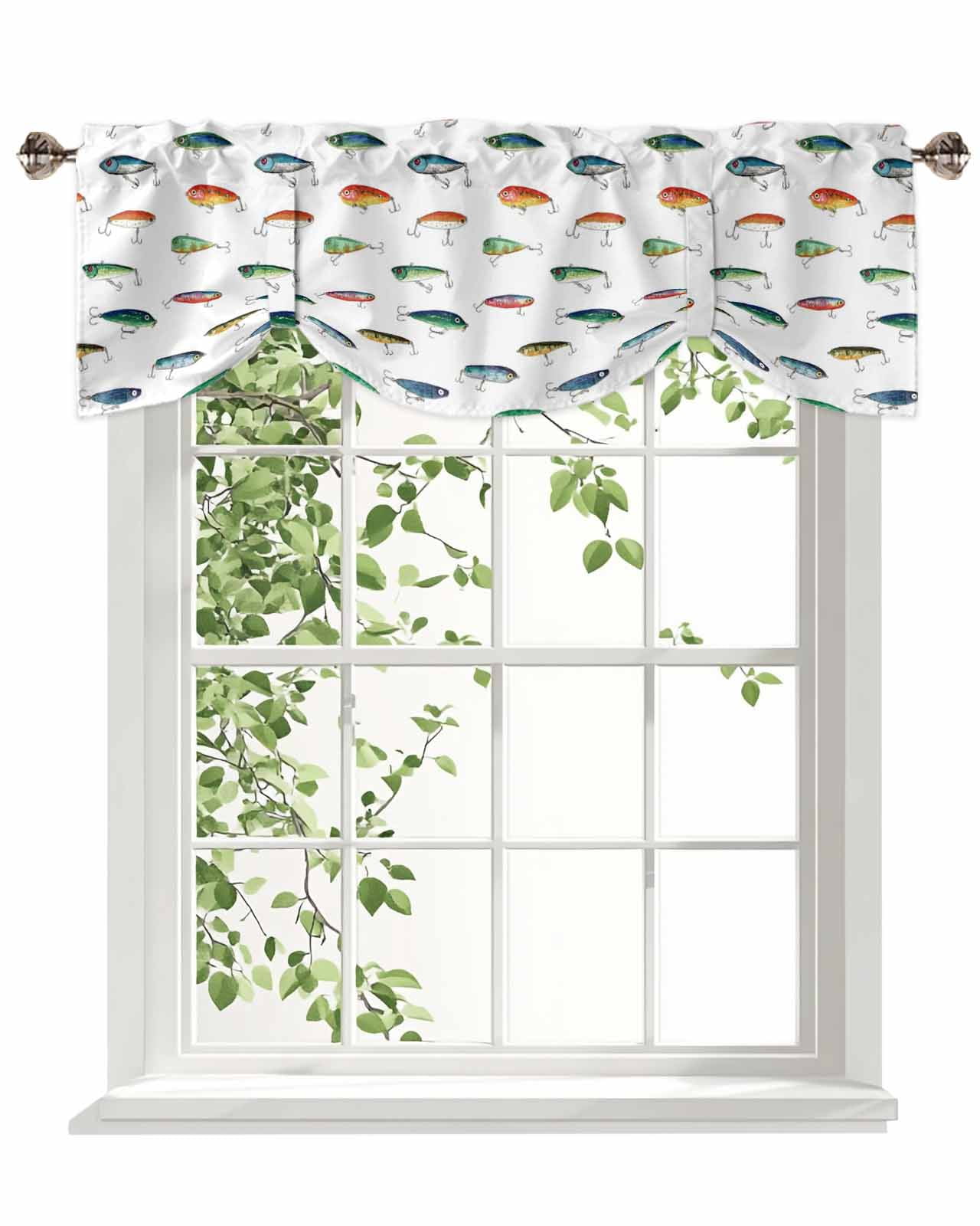 Fish Tie Up Valances Curtain, Adjustable Kitchen Colorful Hook Bait Leisure Fishing Watercolor Valances for Windows Decor, Rod Pocket Short Curtains Set for Bedroom/Bathroom, 60"x18"