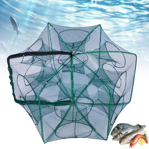 Fish Trap 2026 New Foldable 6 Holes 6 Sides Crawfish Trap Upgrade Large Space Bait Trap Polyester Rope Small Bait Fish Eels Crab Lobster Portable Reusable Crab Trap