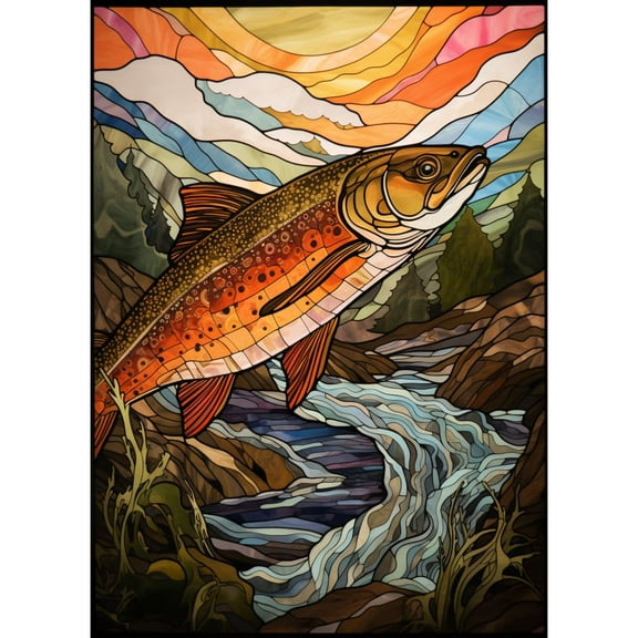 Fish Trout Jumping River Tree 5D Diamond Art DIY Paint with Full Drill Round Diamond Gems Painting by Number Kits for Adults Art Craft Home Wall Decor 15.8x19.8in(2)