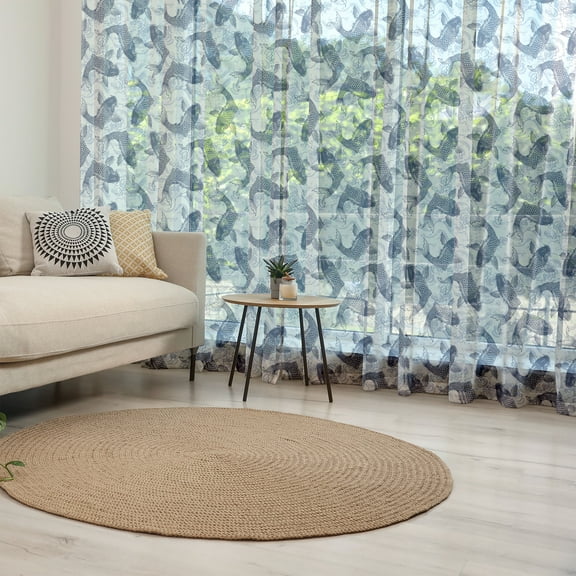 Fish Tulle Curtains with Rod Pocket, Japanese Carp Koi Wave Patterned Background Ancestral Animals Culture, Sheer Drape for Wedding Party 2 Panels, 7 Sizes, Dark Blue White, by Ambesonne