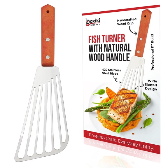 Fish Turner with Natural Wood Handle - Stainless Steel Slotted Spatula for Frying, Grilling & Cooking - Professional Fish Flipper & Burger Turner Y101