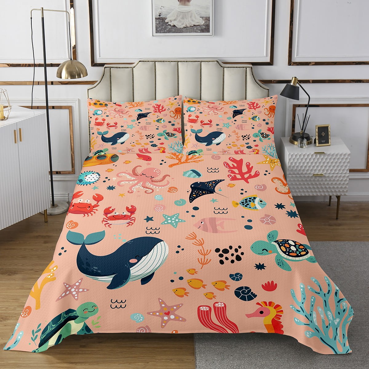 Fish Bedspread Fish Twin Bedspread Set, Cartoon Seahorse Animals Quilt Set For Bedroom ...