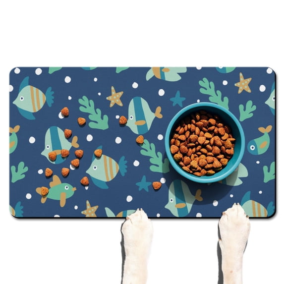 Fish & Underwater Coral Reef Pet Food Mat - Absorbent Dog Feeding Mat with Rubber Base - Nautical Themed Placemat