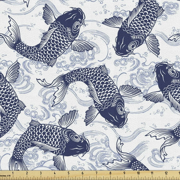 Ambesonne Fish Fabric by the Yard Upholstery, Eastern Traditional Animal, 5 Yards, Dark Blue White