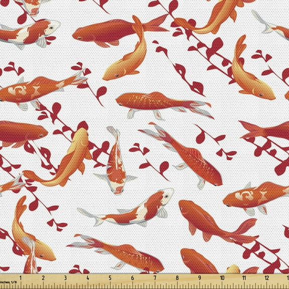 Ambesonne Fish Fabric by the Yard Upholstery, Ornamental Aquatic Animal, 2 Yards, Orange White