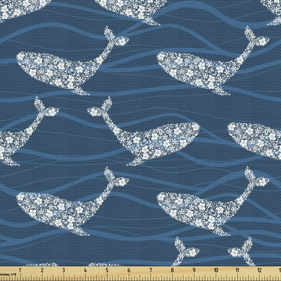 Ambesonne Fish Fabric by the Yard Upholstery, Floral Ornamental Ocean Whales, 1 Yard, Night Blue and White