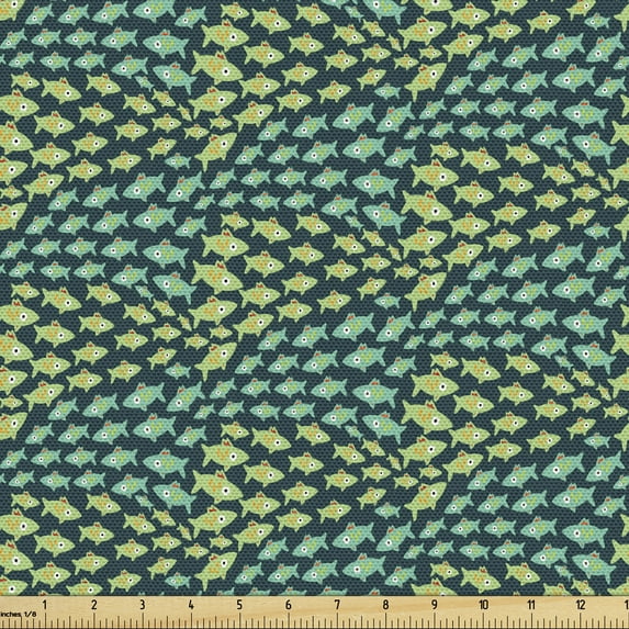 Ambesonne Fish Fabric by the Yard Upholstery, Swimming Fishes Green Shades, 1 Yard, Shamrock Green Green