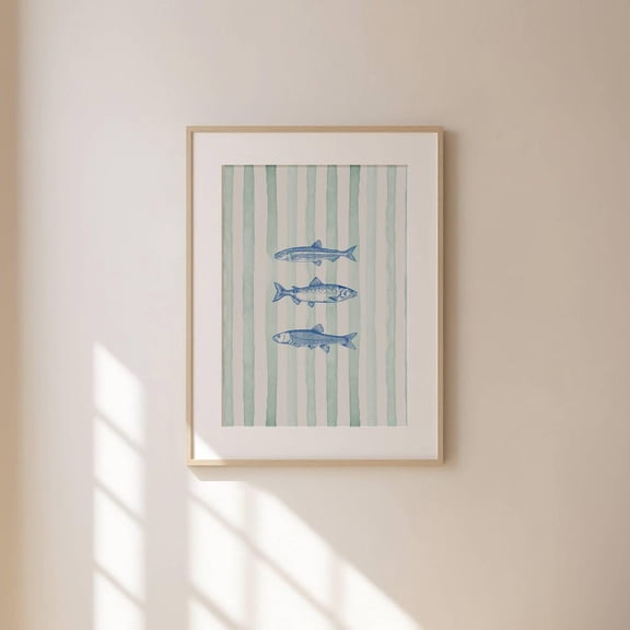 Fish Wall Art, Striped Blue Fish Kitchen Decor, Unframed Paper Poster 8x10in