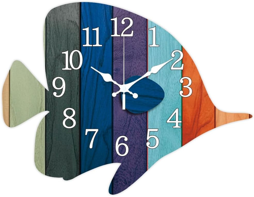 Fish Wall Clock Colorful Striped Fish Non-Ticking Clock Irregular Shape ...