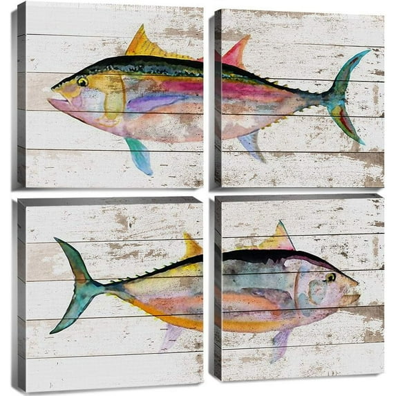 Fish Wall Decor Coastal Wall Art Beach Bathroom Decor Ocean Fish Canvas Pictures Vintage Nautical Colorful Tuna Fish Poster for Bedroom Living Room Farmhouse Lake House Kitchen Home Decoration 12x12"