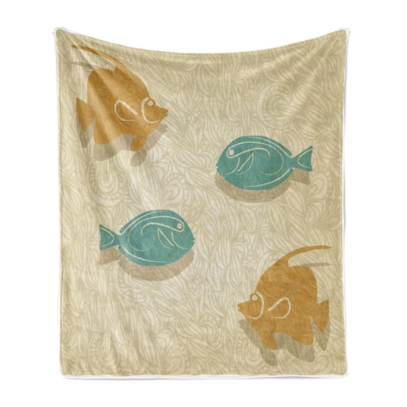 Fish and Wave Soft Flannel Fleece Throw Blanket, Aquarium Marine Ocean Themed Fishing Theme Vintage, Cozy Plush for Indoor and Outdoor Use, 50" x 60", Sand Brown Seafoam, by Ambesonne