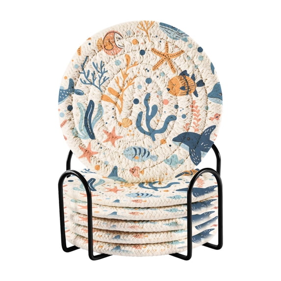 Fish Whale Seaweed Starfish Coasters with Holder for Coffee Table 6 Pcs Drink Coaster Sets Absorbent for Home Decor 4 inch