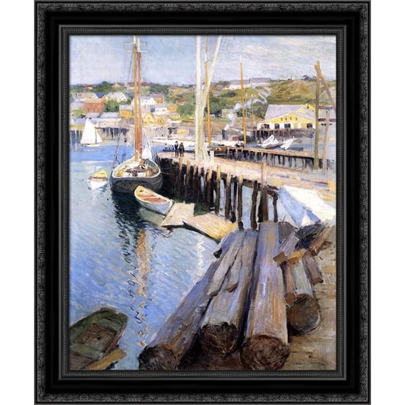 Fish Wharves Gloucester 20x24 Black Ornate Wood Framed Canvas Art by Metcalf, Willard
